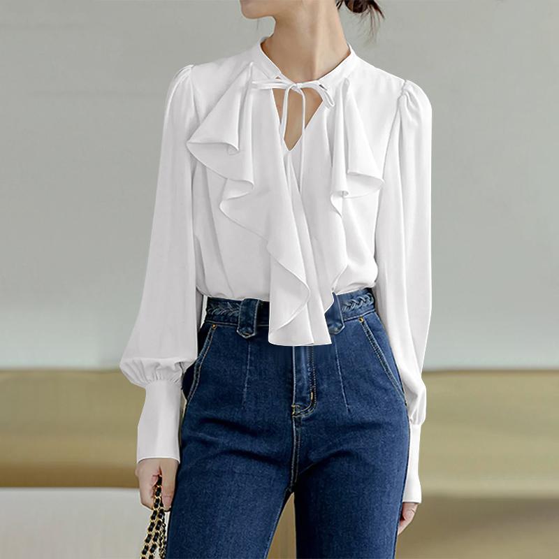 VONDA Женские блузки из гладкого атласа с оборками и завязкой на шее с длинным рукавом