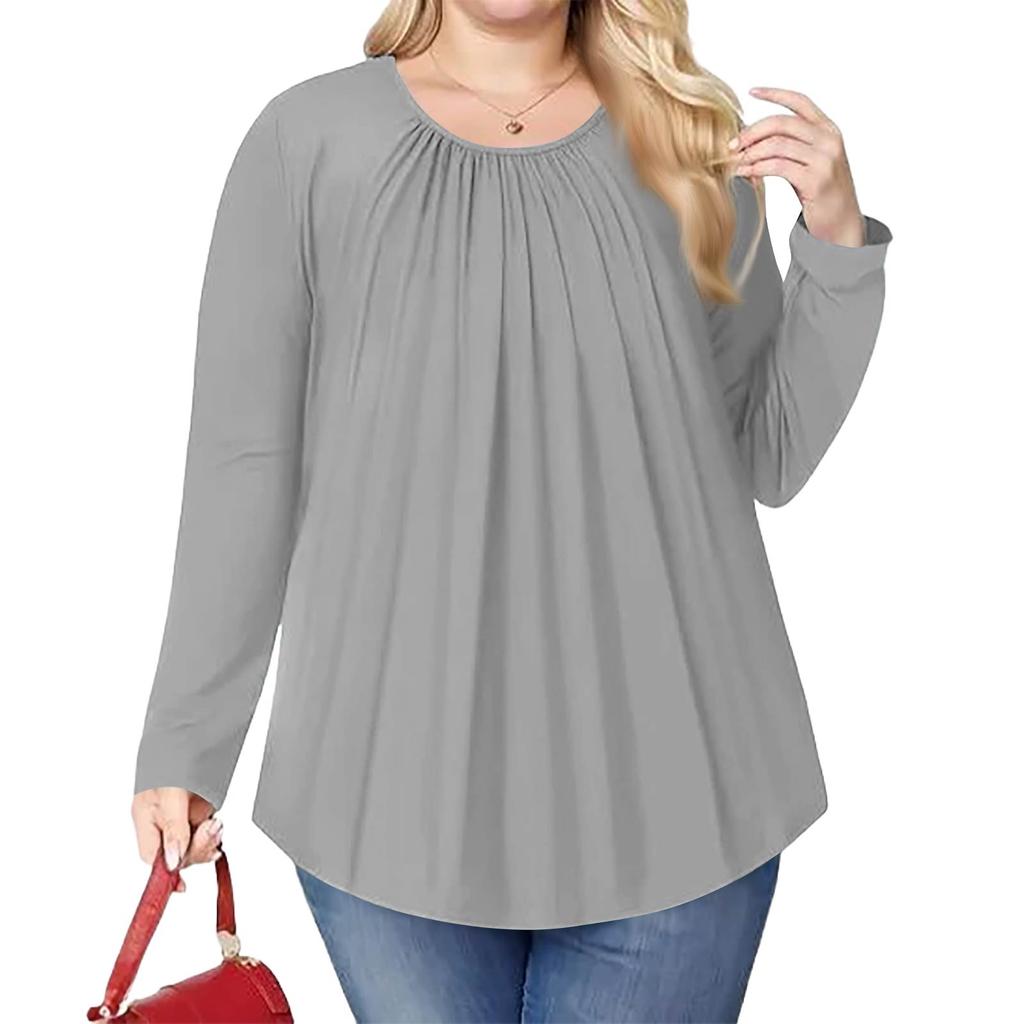 Women's Plus Size Fashion Solid Colour Casual Pleated Round Neck Long Sleeve Top