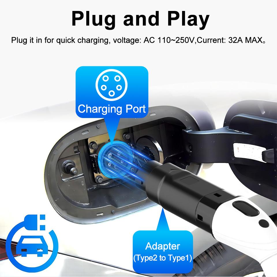 Vehicle Charging Connector Type 2 to Type 1 EV Charging Adapter EV Adaptor EVSE Charging Convertor AC 110V~250V 30A Max