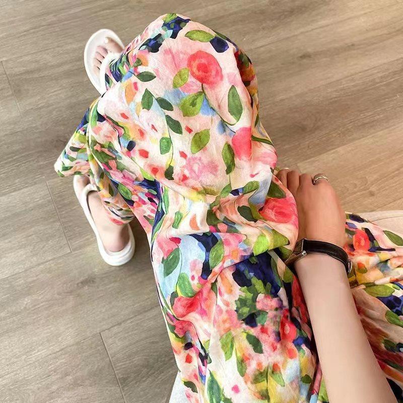 Summer Flower Trousers High-waisted Wide-legged Trousers Loose Straight Nine-minute Tide Seashore Mosquito-proof Leisure Beach Pants