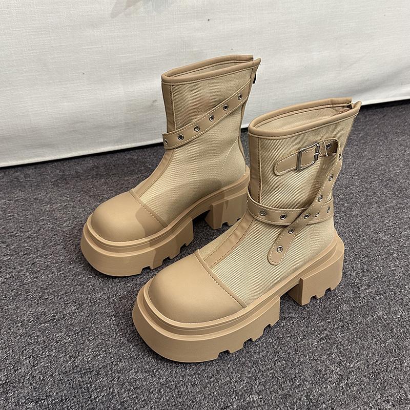 Мода Винтаж Зимние женские мотоциклетные ботинки Модные платформы Толстый каблук Короткие ботинки Повседневная женская обувь с пряжкой на ремне
