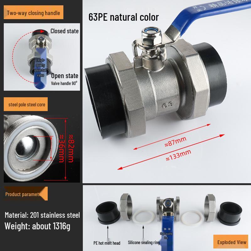 4-Point Double Union 20PPR Stainless Steel Ball Valve for Household Water Pipe Fittings