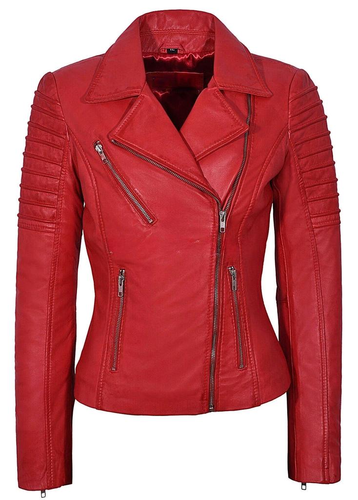 Stylish Casual Motorcycle Biker Women Jacket Red Leather Lambskin Handmade