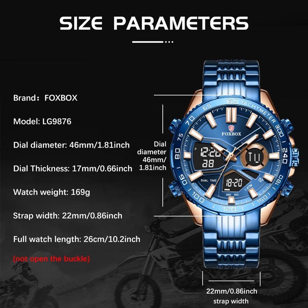 FOXBOX Sport Watches for Men Top Brand Luxury Dual Display Stainless Steel Band Waterproof Luminous Quartz Wristwatch+Box