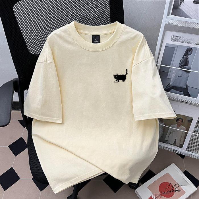 Летняя женская свободная футболка с короткими рукавами и принтом котенка в стиле милой и пикантной вязки