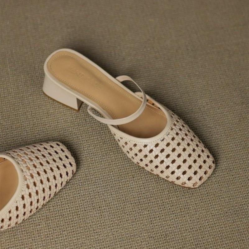Женская обувь с квадратным носком, полушлепанцы с откидным верхом, на толстом каблуке, в ретро-стиле, плетеные, ажурные сандалии