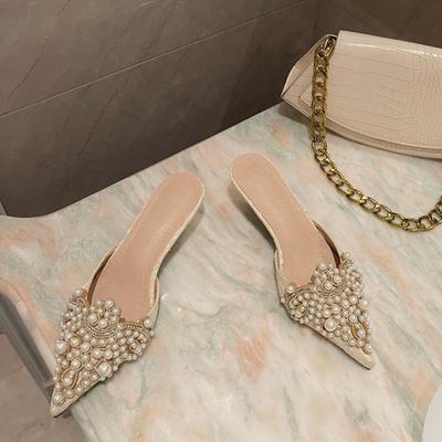 Весенне-осенняя мода, сексуальная женская обувь, элегантные туфли-лодочки с бусинами и кристаллами, пэчворк, слипоны, размеры 35-42, тонкий каблук, шлепанцы, НОВИНКА 2025, женские