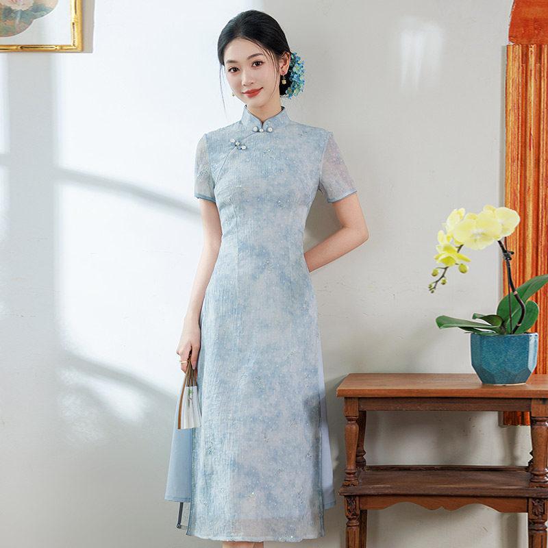 Blue thin mother national style new Chinese style Aodai improved cheongsam new women's high-end dress summer