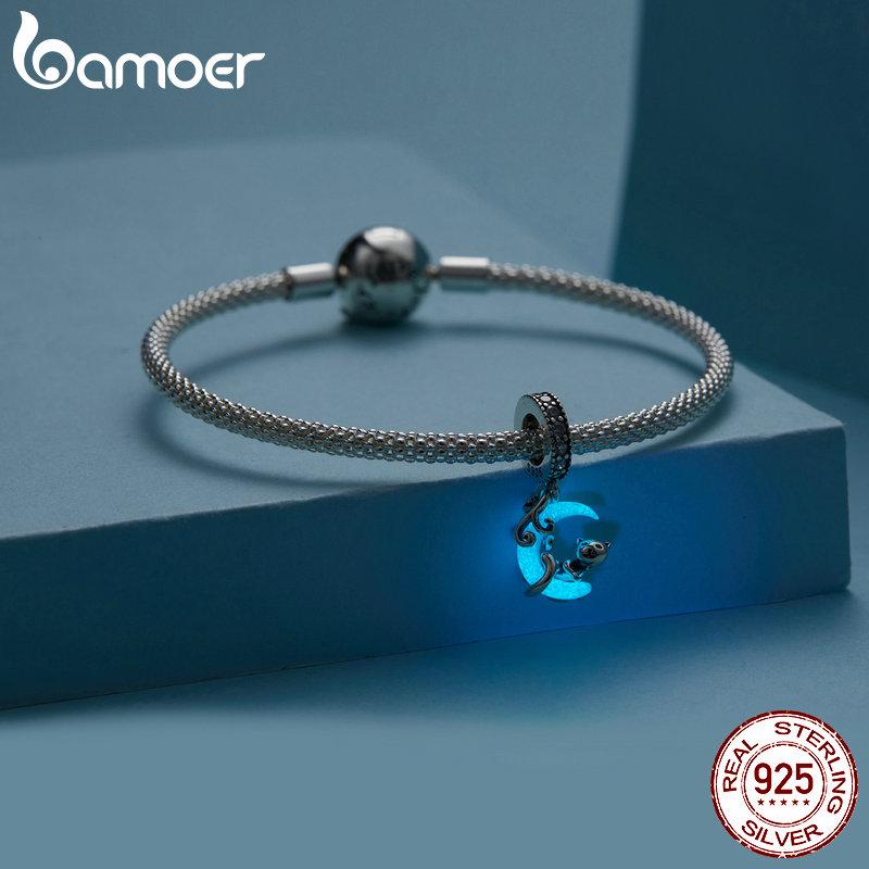 Bamoer из стерлингового серебра 925 пробы, светящаяся в темноте ракушка/лунная кошка/кулон в виде бутылки с пожеланиями звезд, светящиеся подвески в виде океана для браслета