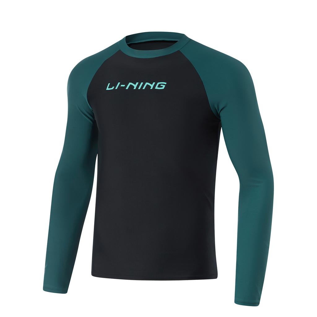 Li Ning Swimming Series Letter Round Neck Pullover Long Sleeve Swimsuit Men Swimsuit Balm-Green Black ASLT085-3