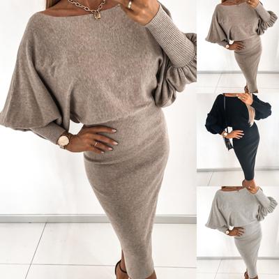 Женское модное вязаное однотонное платье с длинными рукавами и открытыми плечами