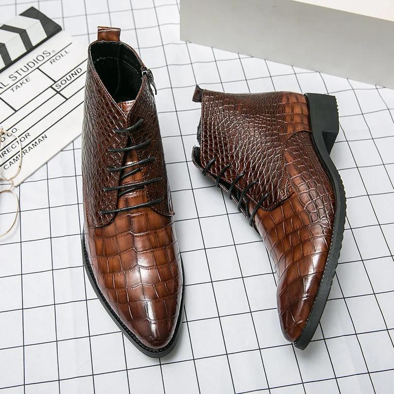High Quality Low Heeled Lace Up Brown Chelsea Mens Boots Business Leather Men Designer 2025 Casual Pointed Cowboy Boots