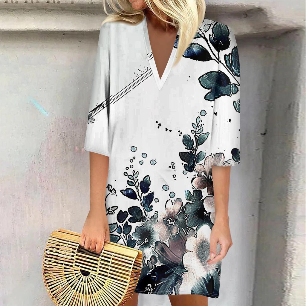 Summer Dresses For Women 2024 Fashion Casual Printed Loose V Neck 3/4 Sleeve Dress
