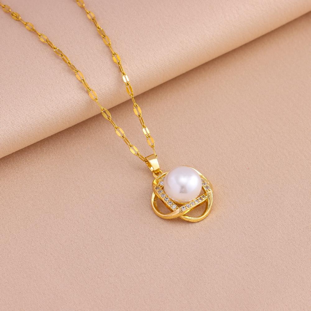 New Vintage Pearl Pendant Necklaces Earrings For Women Female Daily Wear Stainless Steel Jewelry Set Girls Party Gift