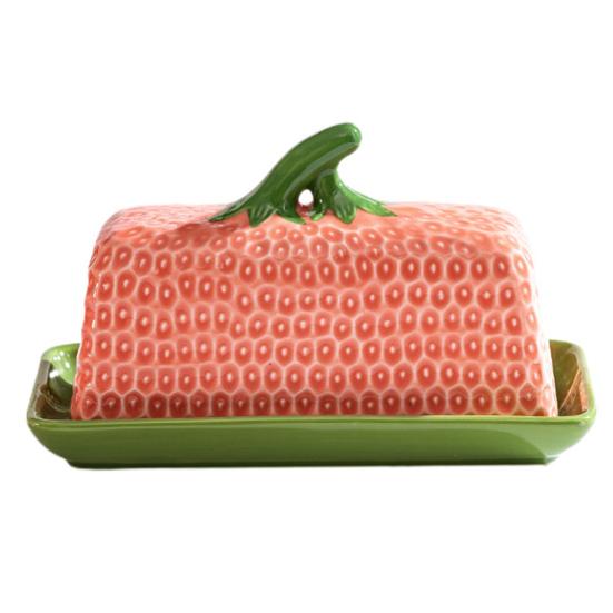 Butter Dish with Lid Strawberry-Shaped Ceramic Butter Keeper Microwave & Dishwasher Safe Butter Storage Container Hand-Painted Kitchen Serving Tray