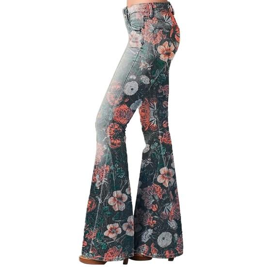 Женские джинсовые брюки с высокой талией, цветочным принтом, расклешенные джинсы с карманами, поясом, легкими дышащими джинсами