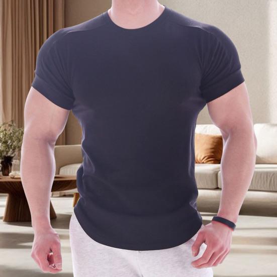 Men Sports T-shirt O Neck Short Sleeve Slim Fit Solid Color Elastic Quick-drying Soft