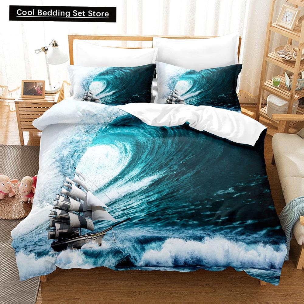 Vintage Sailboat King Queen Duvet Cover Nautical Ocean Bedding Set for Teens Adults Ship Fire Black 2/3pcs Polyester Quilt Cover