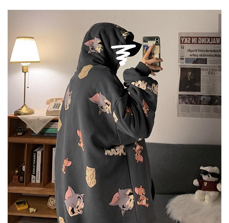 2021 Men's Loose Fit Cartoon Print Plush Hoodie Jacket
