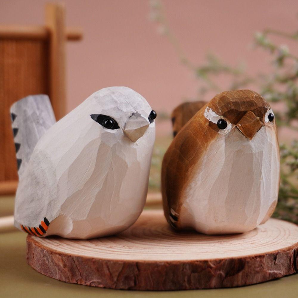 Handmade Small Bird Ornament Cute Wooden Bird Figurine Creative Wood Carving Bird Children's Toys