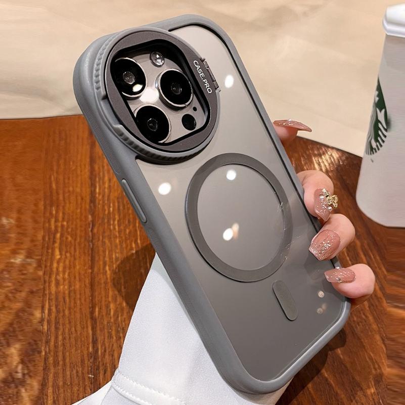 Luxury Magnetic Charging Transparent Phone Case for iPhone 16 15 14 13 12 11 Pro Max Round Camera Protection Bracket Cover