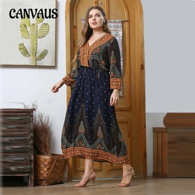 Плюс Размер Женская мода Новый свободный принт пуловер V-образный вырез длинное платье