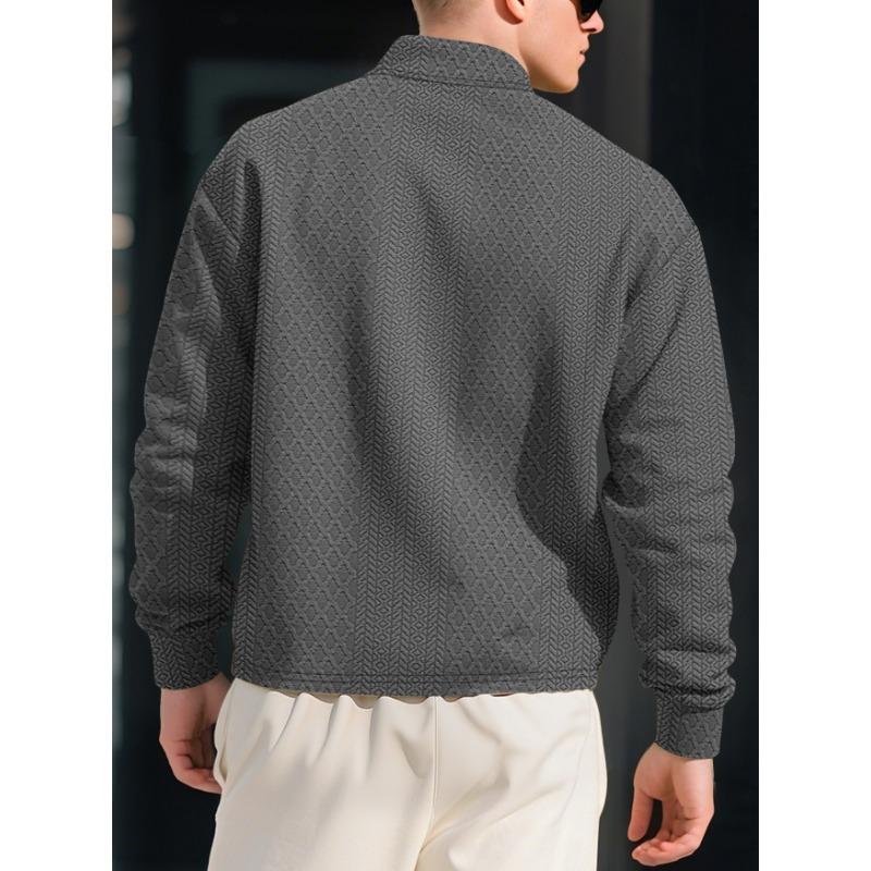 Men Long Sleeve Solid Jacquard Loose Polo Sweatshirt