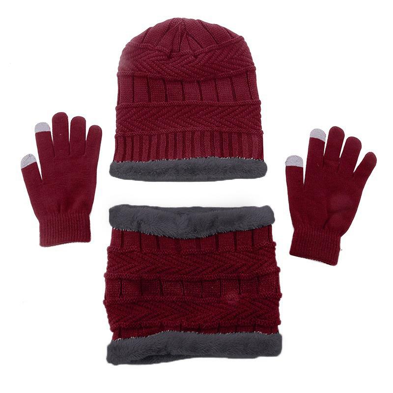 3pcs/set Fashion Plush-lined Knitted Caps Men Women's Winter Hats Scarves Touch Screen Gloves Thicken Warm Beanie Hat