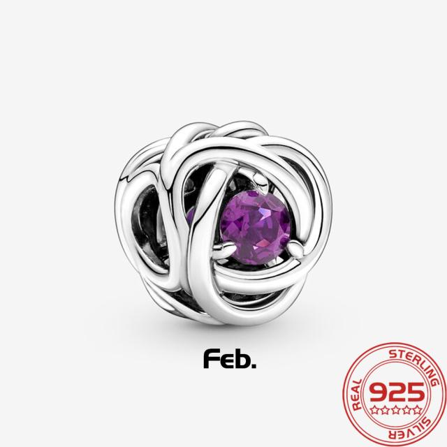 Роскошный серебряный 925 пробы февральский фиолетовый камень рождения вечность круг шарм подходит модный браслет 925 пробы серебряный шарм модные ювелирные изделия для девочек