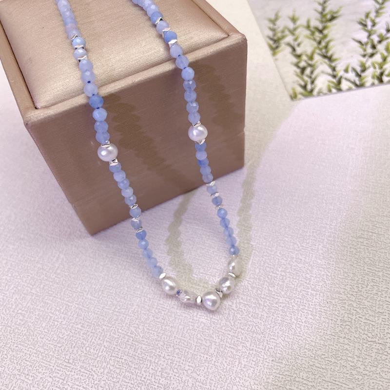 Natural aquamarine crushed silver baroque freshwater pearl necklace - versatile for everyday wear