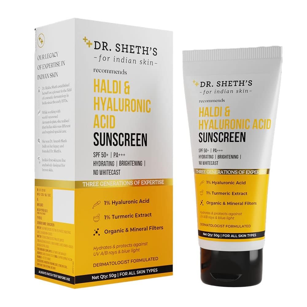 Доктор. Солнцезащитный крем для лица Sheth's Haldi & Hyaluronic Acid SPF 50+ Pa+++ Увлажняющий Осветляющий 50 г