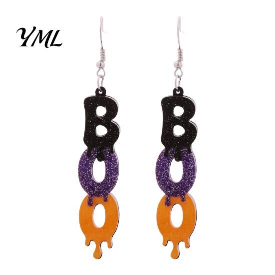 Lightweight Ear Hooks 1 Pair Glitter Halloween BOO Earrings, Sparkly Acrylic Black Purple Orange Spooky Theme Party Costume Jewelry Boo Dangle