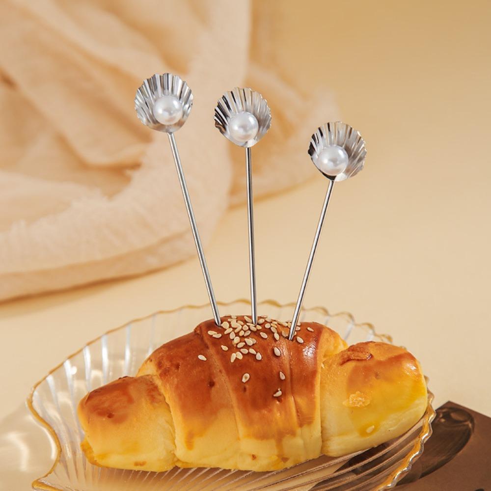4Pcs 304 Stainless Steel Fruit Stick Shell Pearl Design Wine Needle Cocktail Pick Bar