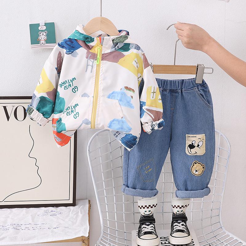 0-5 лет Комплект с длинными рукавами для мальчиков Детская куртка с граффити Повседневная Джинсовые брюки Комплект из двух предметов Детская одежда для мальчиков