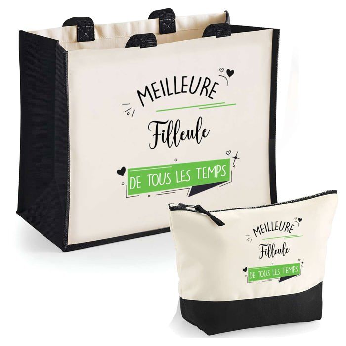 Duo cabas jute et trousse Filleule meilleure de tous les temps Cadeau Anniversaire Noël | Sac courses Pochette Maquillage Shopping
