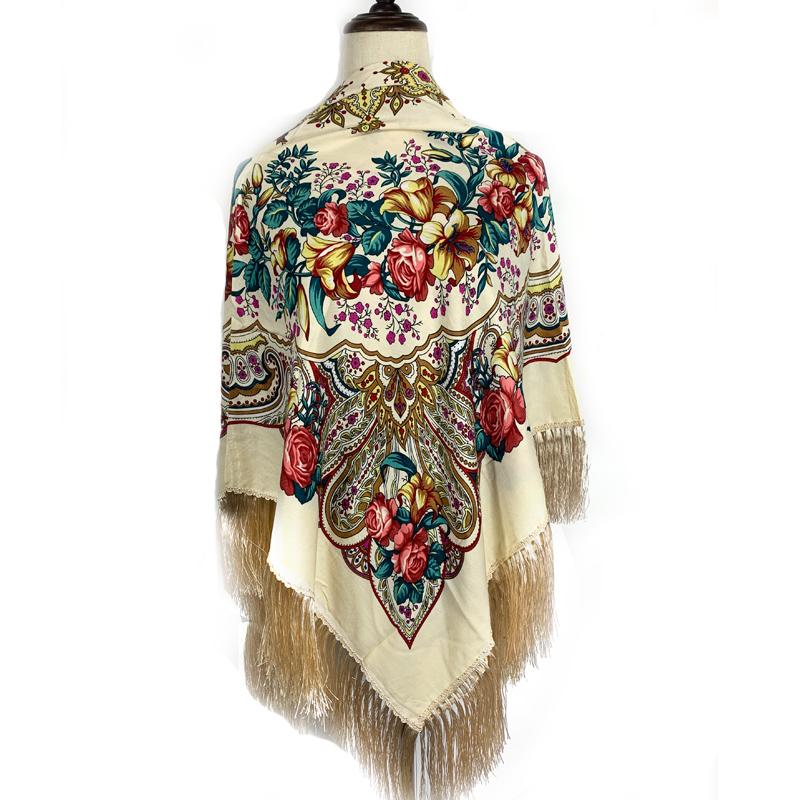 140*140cm Russian Square Scarf Women Luxury Floral Printed Bandana Shawl Ethnic Fringed Blanket Handkerchief Babushka Head Wraps