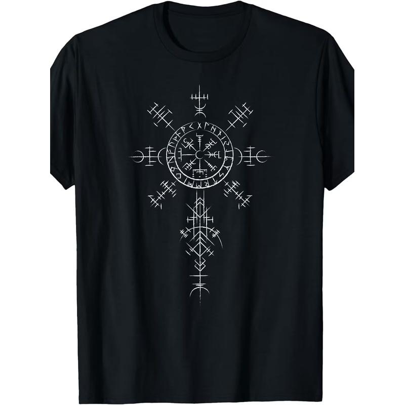 Retro Viking Symbol Compass Vegvisir Nordic Rune Celtic T-Shirt Funny Crew Neck T-Shirt with Stylish Print Casual Comfortable Travel Clothing for