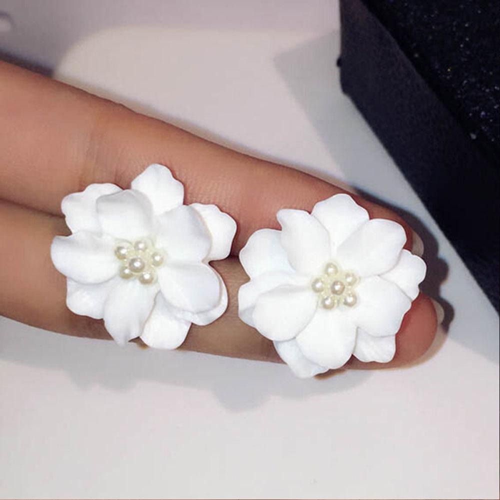 Bohemian Jewelry Inlay Beads Big White Flower Simulated Pearl Camellia Stud Earrings