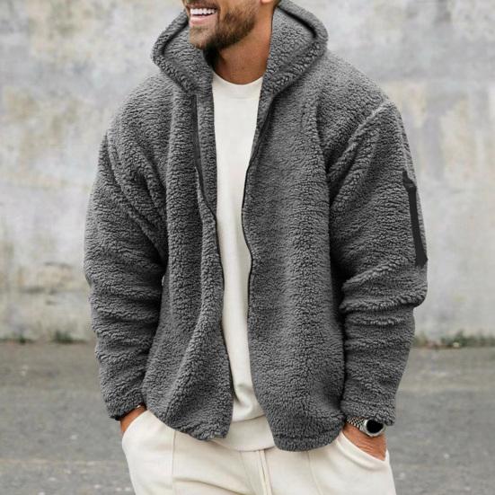 Men Fall Winter Coat Thick Plush Hooded Long Sleeve Zipper Closure Loose Cardigan Warm Cold Resistant Solid Color Soft Pockets Mid Length Men Jacket