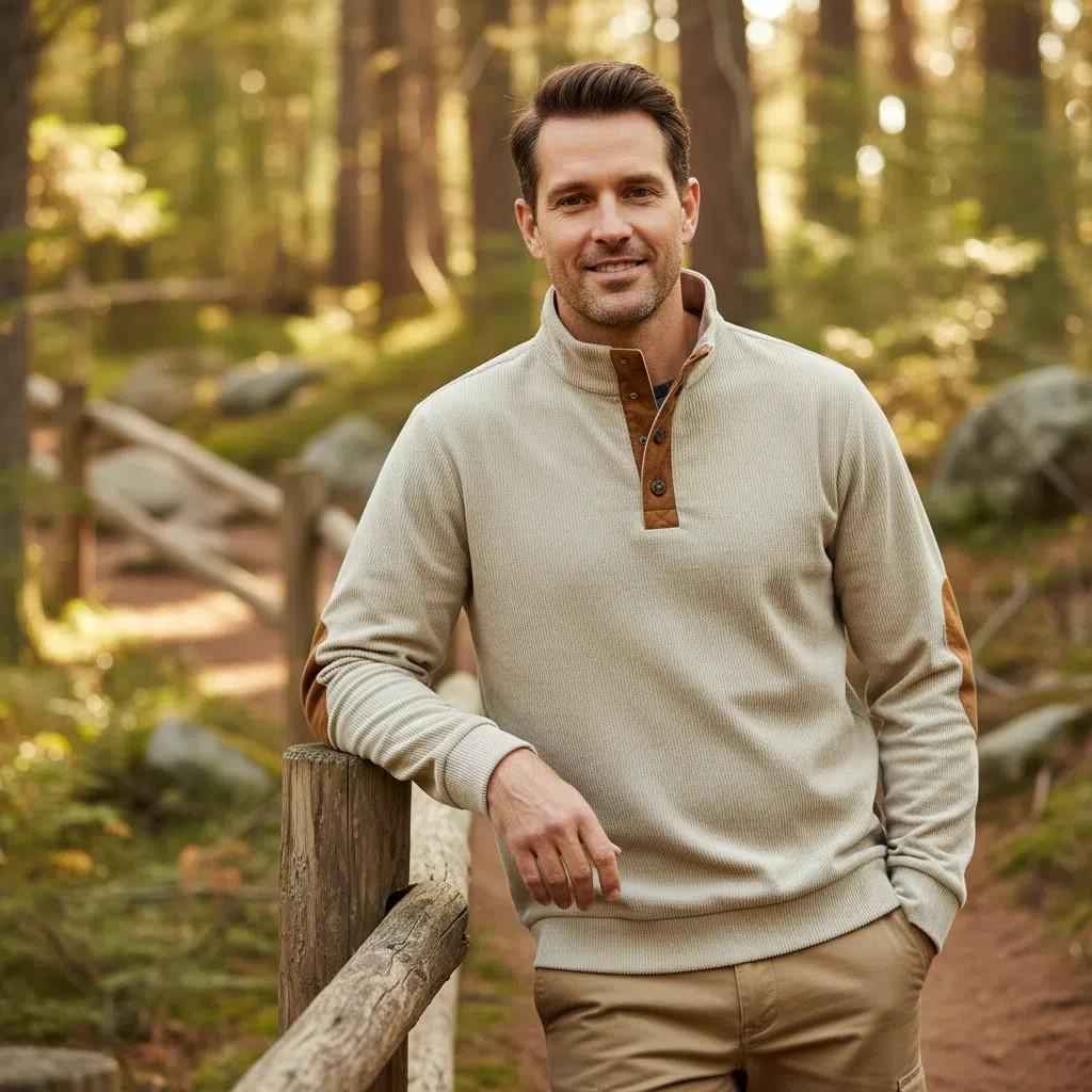 Men's Black Ribbed Sweater with Brown Leather Accents - Autumn Style for Outdoor Wear