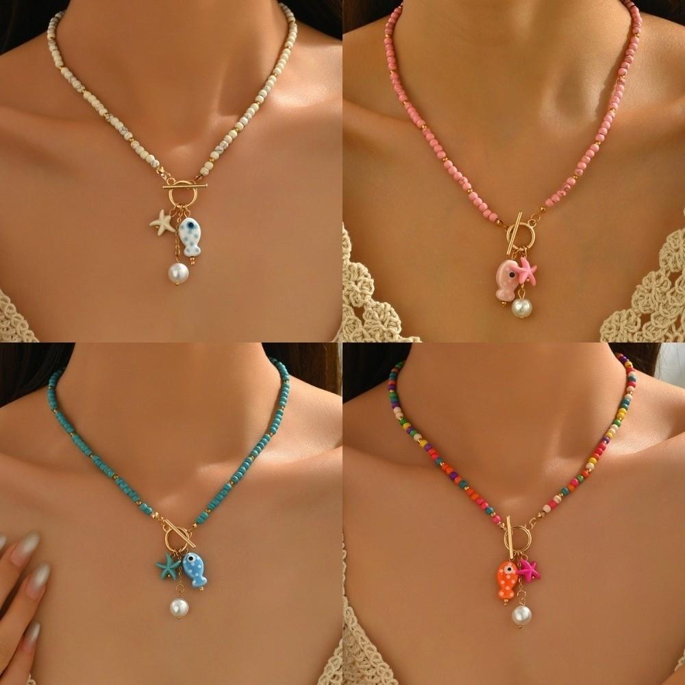 Dopamine Bohemian Starfish Pendant Necklace OT Buckle Beach Jewelry Beaded Choker Casual Wear
