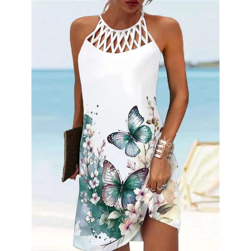 GMXIA National Style Positioning Print Mesh with Sleeveless Casual Dress for Women