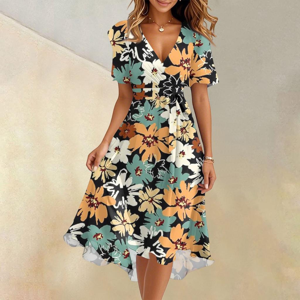 Women's Summer Fashion V-Neck Flared Dress Short Sleeve Floral Dresses