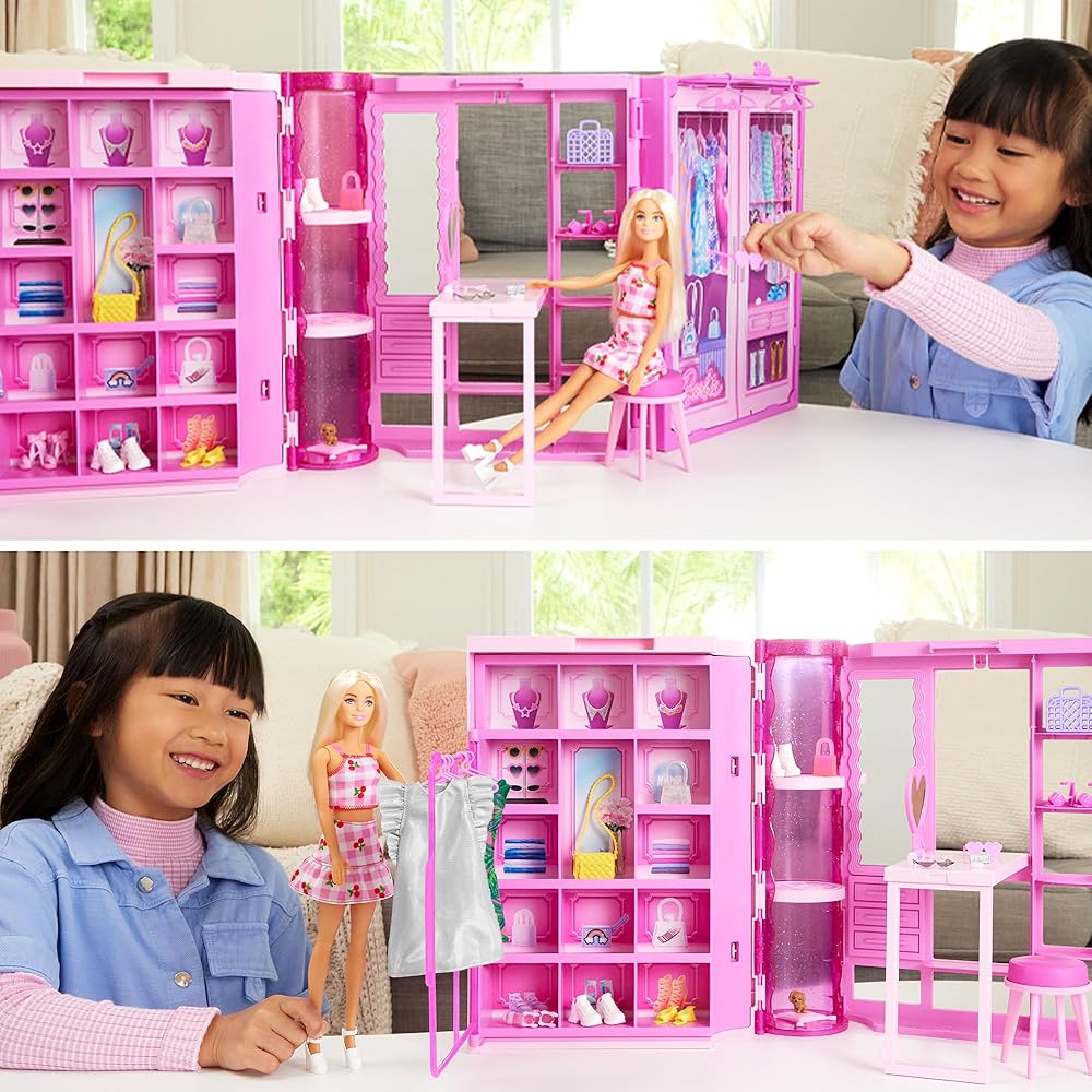 Кукольный гардероб Barbie Dream Closet с куклой, розовый игровой набор с модными нарядами для переодевания и ролевых игр, для детей от 3 лет