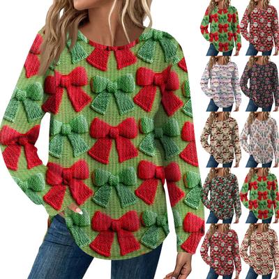 Женская мода Рождественский свободный топ с длинным рукавом и круглым вырезом