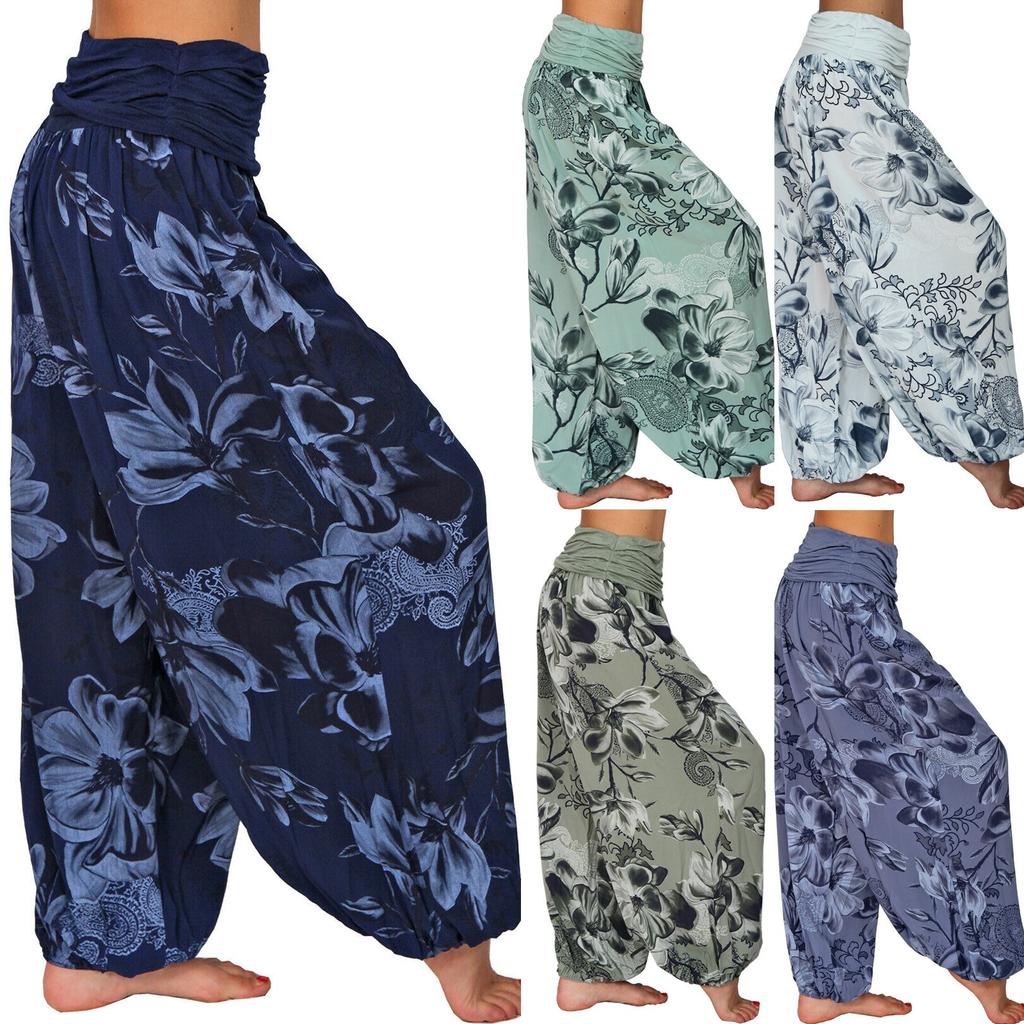 Women Casual Plus Size Print Elastic Waist Straight Loose Haren Long Pants