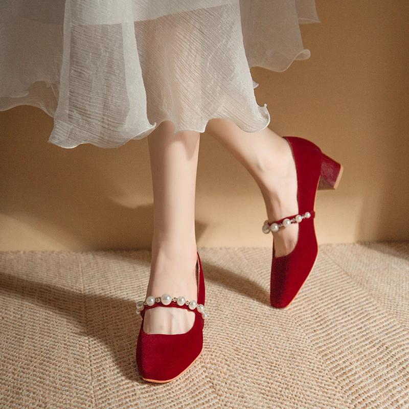 Fashion Red Suede Women's Pumps 2024 New Korean Style Fashion Beaded Women Single Shoes Comfortable Chunky Heel Wedding Bridal Shoes
