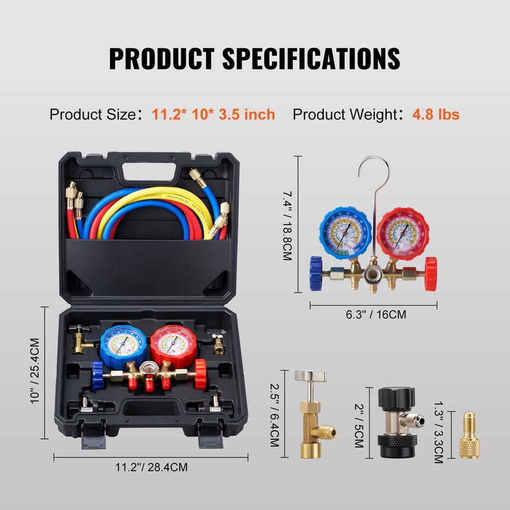 3-Way AC Diagnostic Manifold Gauge Set Fits for R134A, R22, R12, R502 Refrigerant, AC Gauge Set with 5 ft Hoses, Couplers, Can Tap for Car A/C System