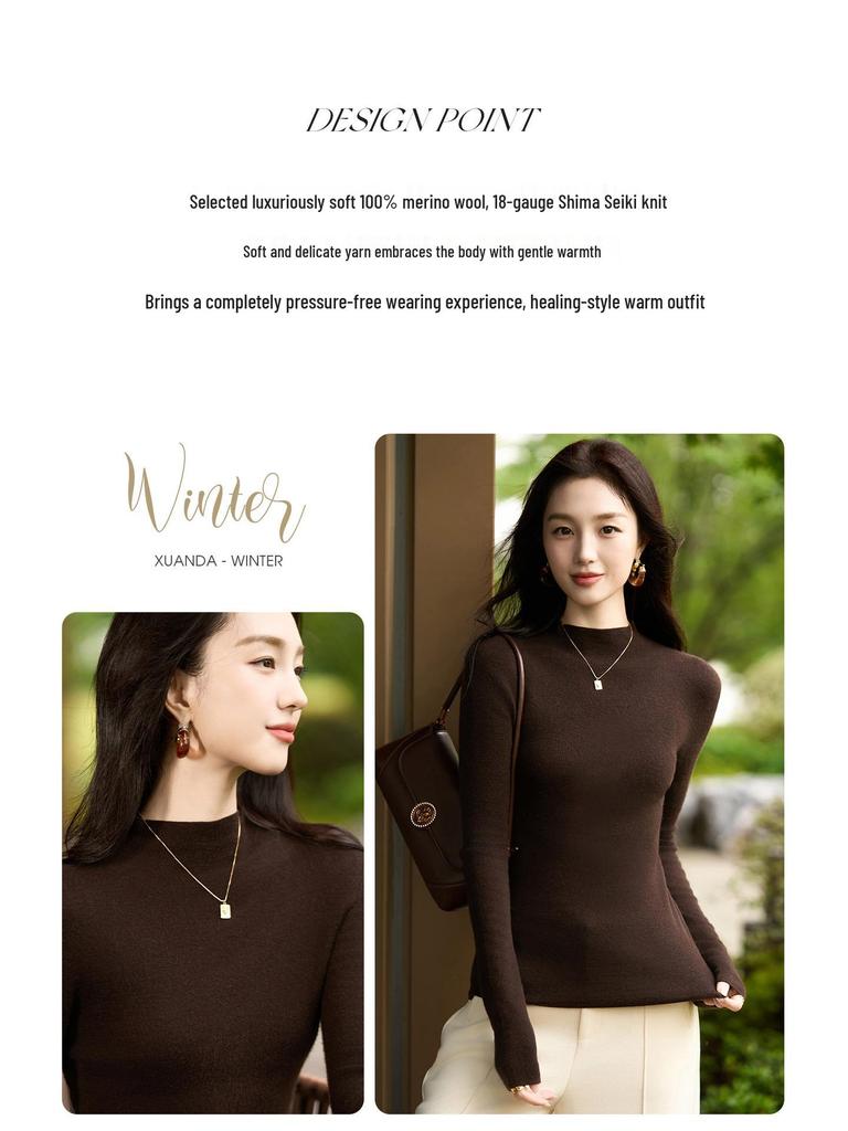 Autumn Women's Half High Neck Knitted Wool Sweater - Slim Fit, Long Sleeve, Plus Size, Elegant Top