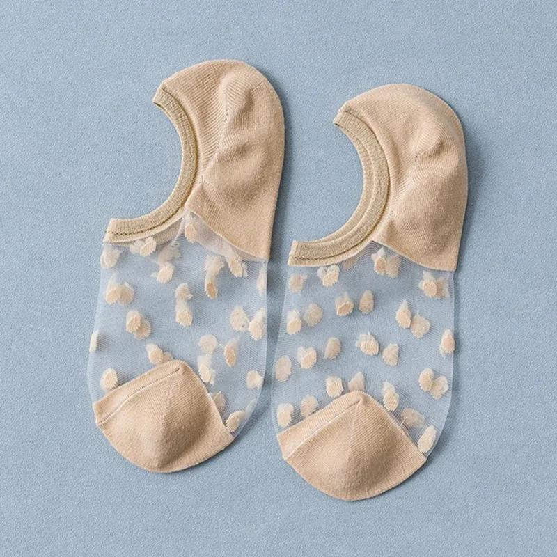 Летние женские шелковые носки до щиколотки с кружевом, ультратонкие, прозрачные из стекловолокна, модные носки в горошек, милый стиль Харадзюку, новые